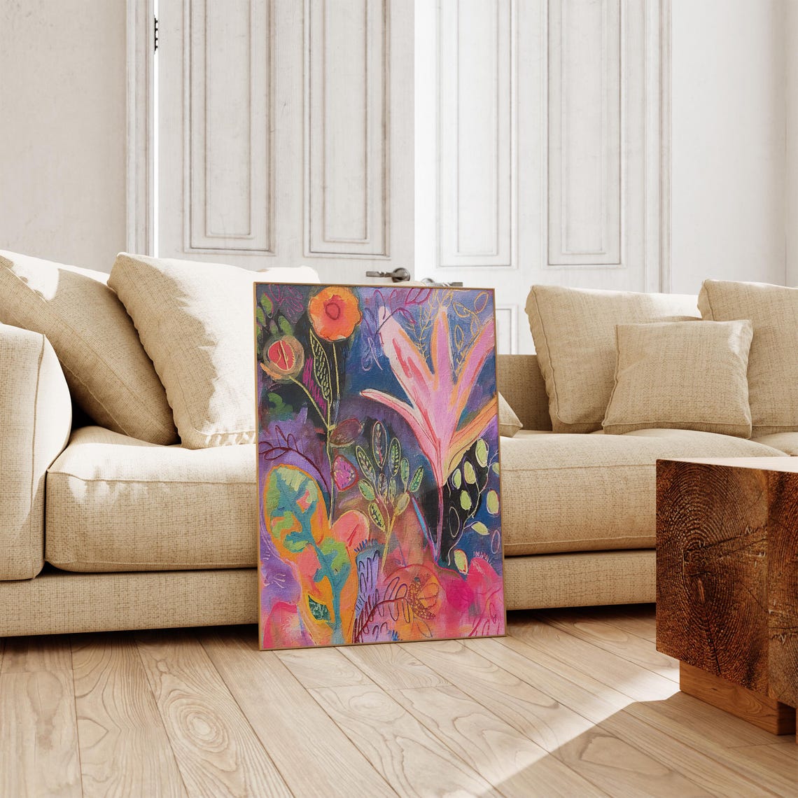 Dark Botanical Abstract Painting Poster with Orange Poppies on Navy - Image 2