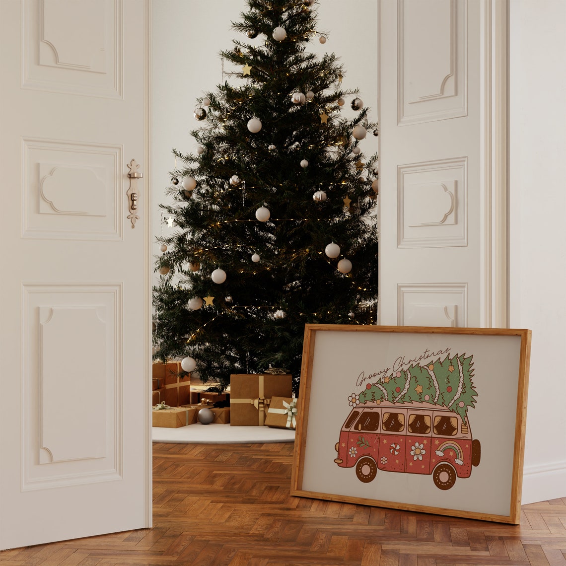Groovy Christmas Pink Retro Van 70s Hippie Holiday Flower Poster - Image 4