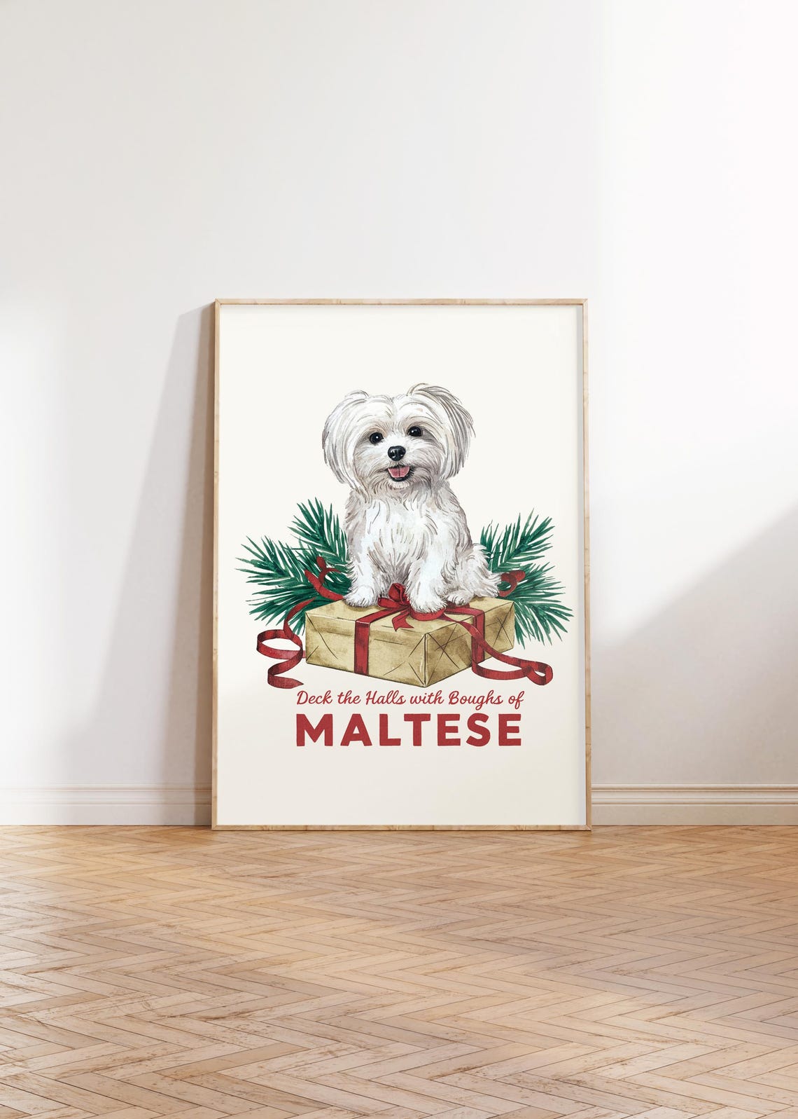 Deck the Halls Maltese Christmas Poster with Puppy on Gift Box - Image 2
