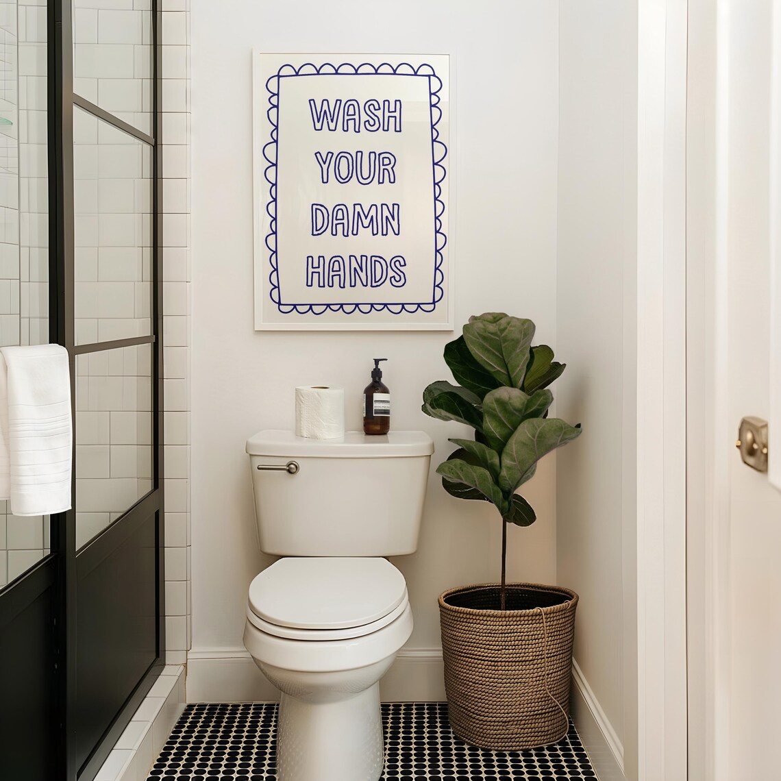 Wash Your Damn Hands Blue Scallop Funny Bathroom Quote Poster - Image 2