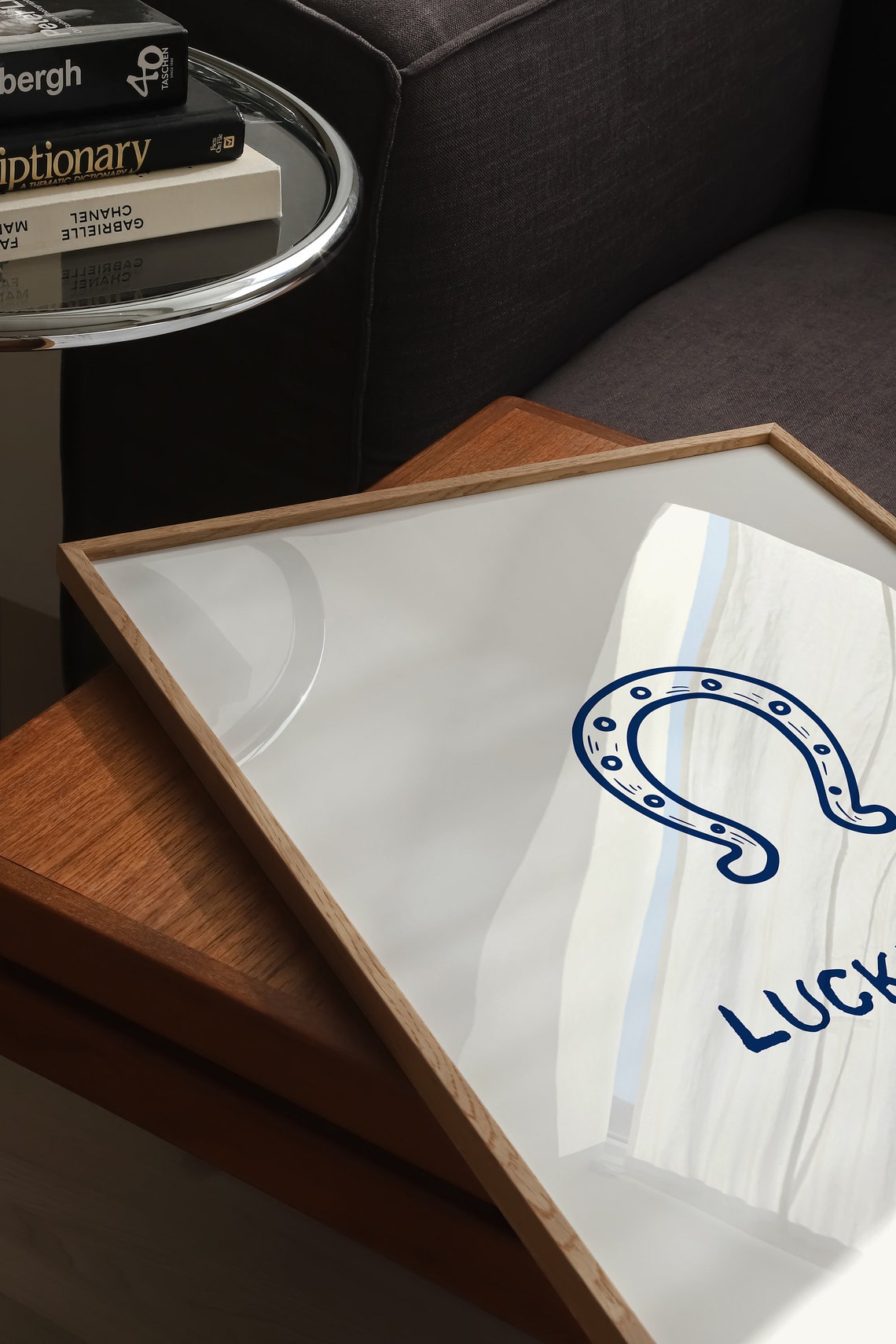 Lucky You Horseshoe Navy Line Art Minimalist Good Luck Quote Poster - Image 5