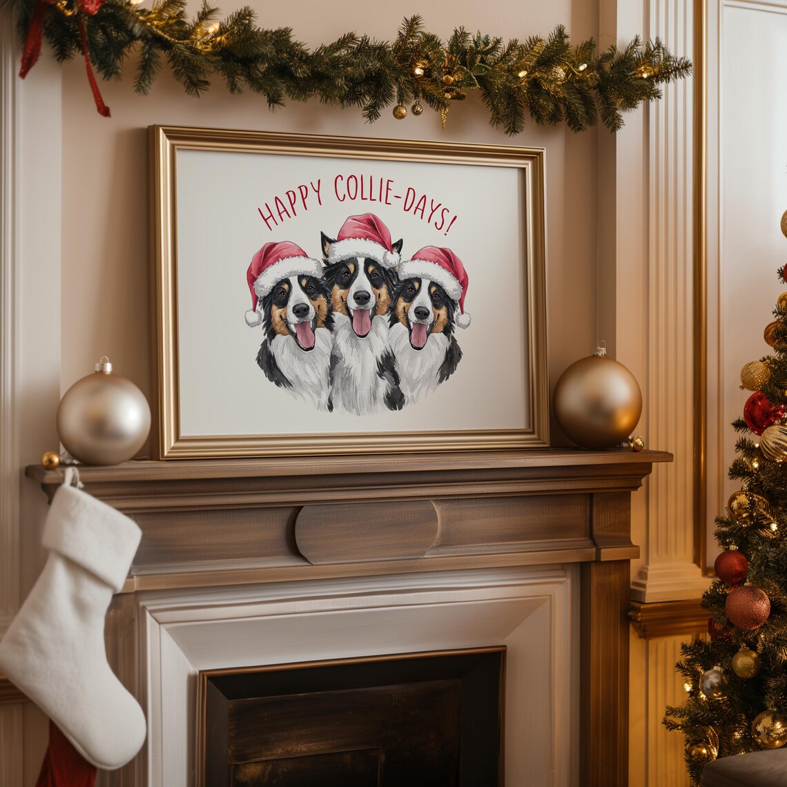 Happy Collie-Days Christmas Poster with Three Collies in Santa Hats - Image 2