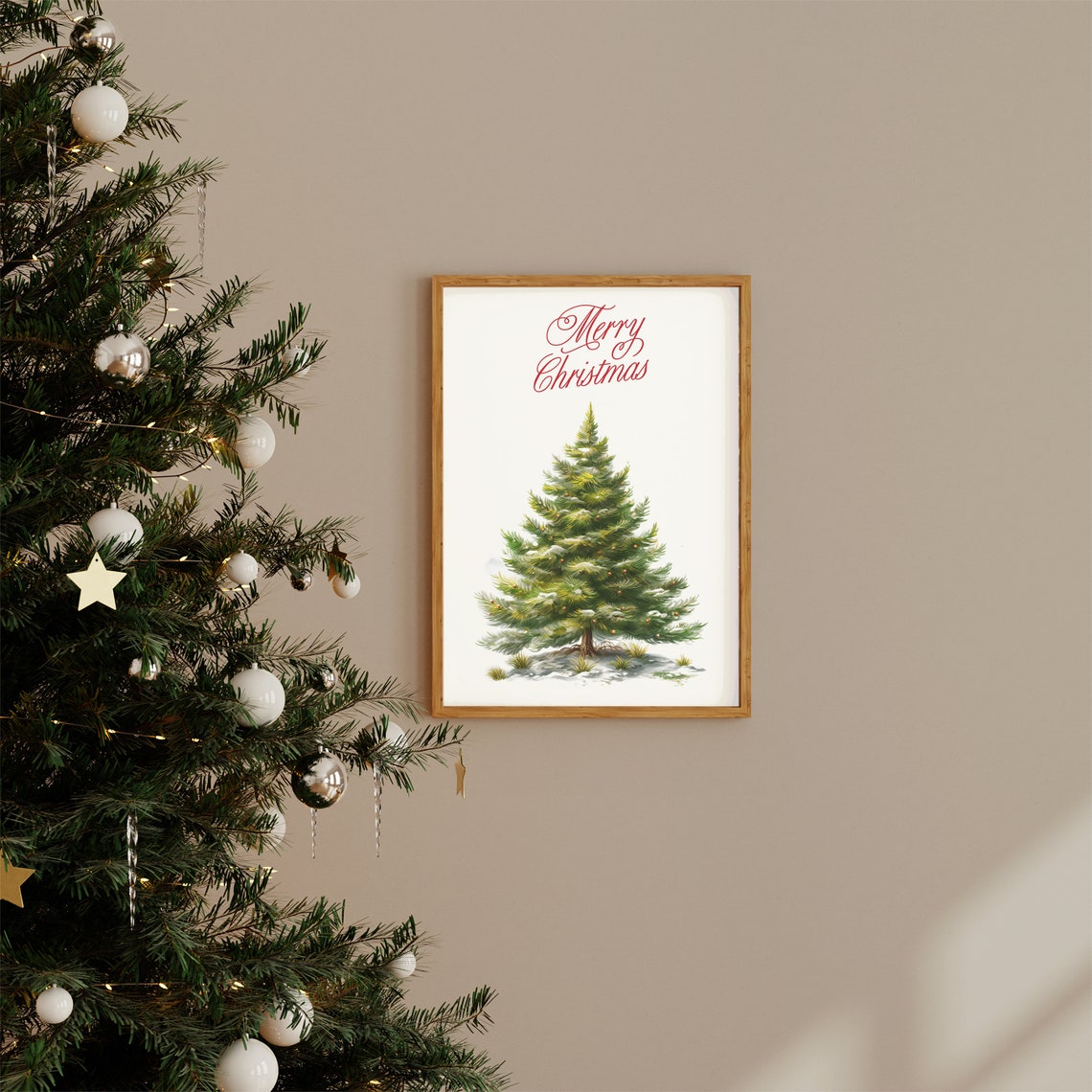 Merry Christmas Script Snowy Evergreen Tree Watercolor Holiday Poster - Image 2