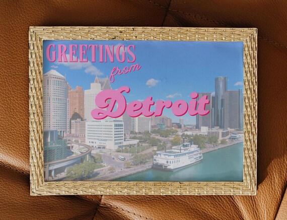 Greetings From Detroit Retro Postcard Skyline Souvenir Poster