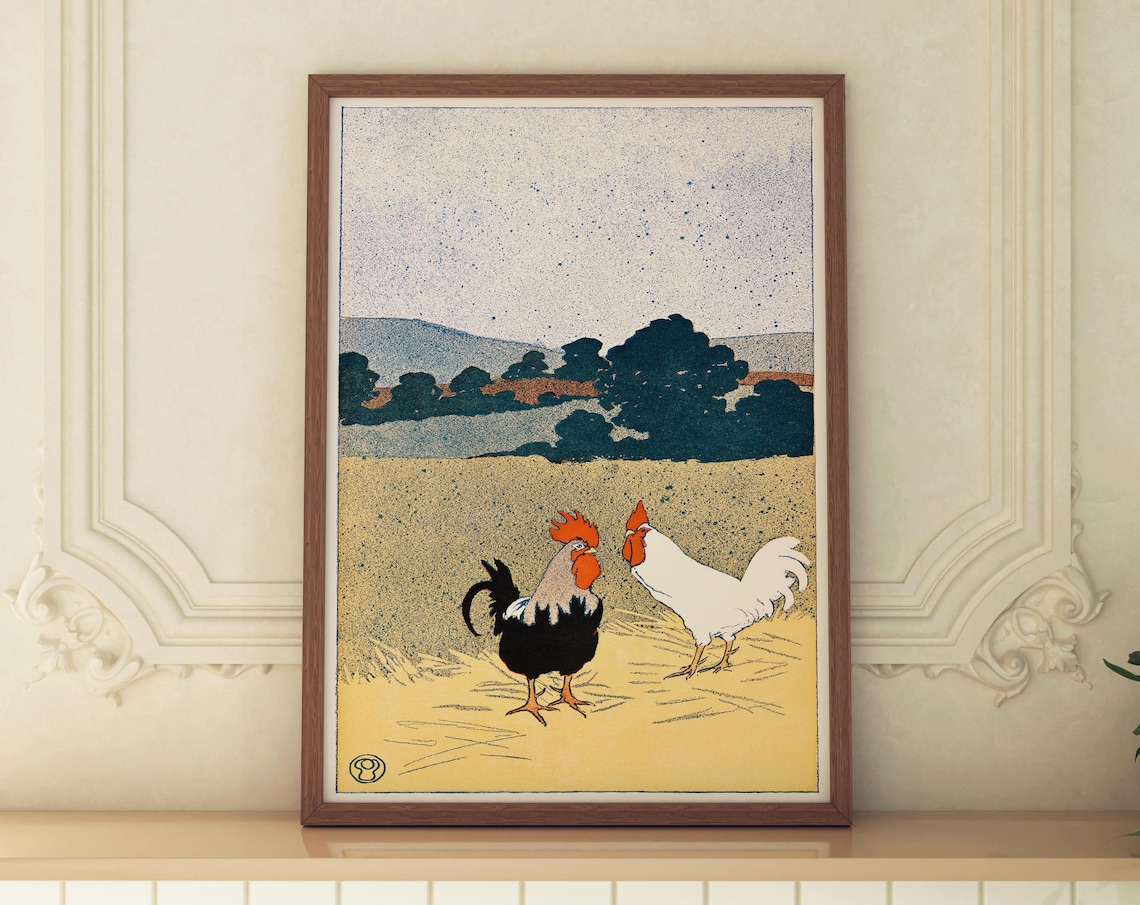 Black And White Roosters Golden Farmyard Folk Illustration Print