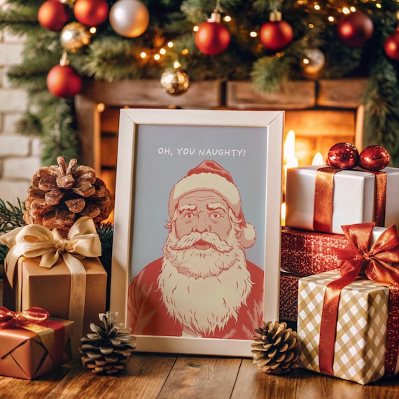 Oh You Naughty Vintage Santa Claus Retro Christmas Holiday Poster