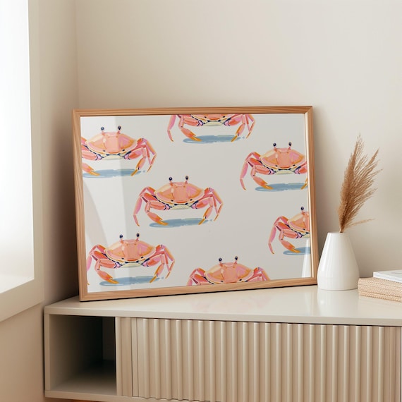 Pastel Pink Crab Pattern Cute Beachy Coastal Summer Wall Art