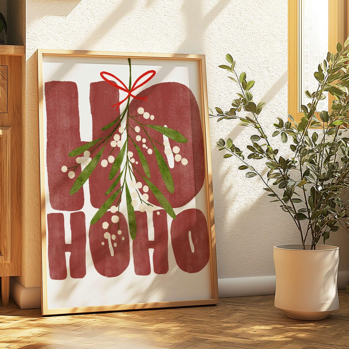 Ho Ho Ho Mistletoe Bold Christmas Typography Red Holiday Wall Decor Print