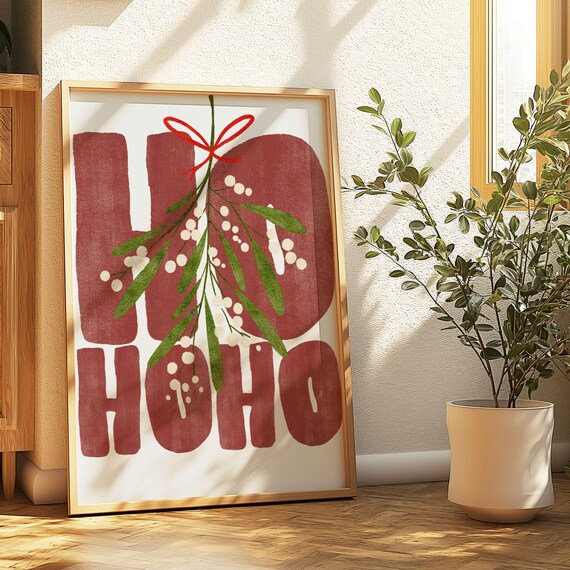 Ho Ho Ho Mistletoe Bold Christmas Typography Red Holiday Wall Decor Print