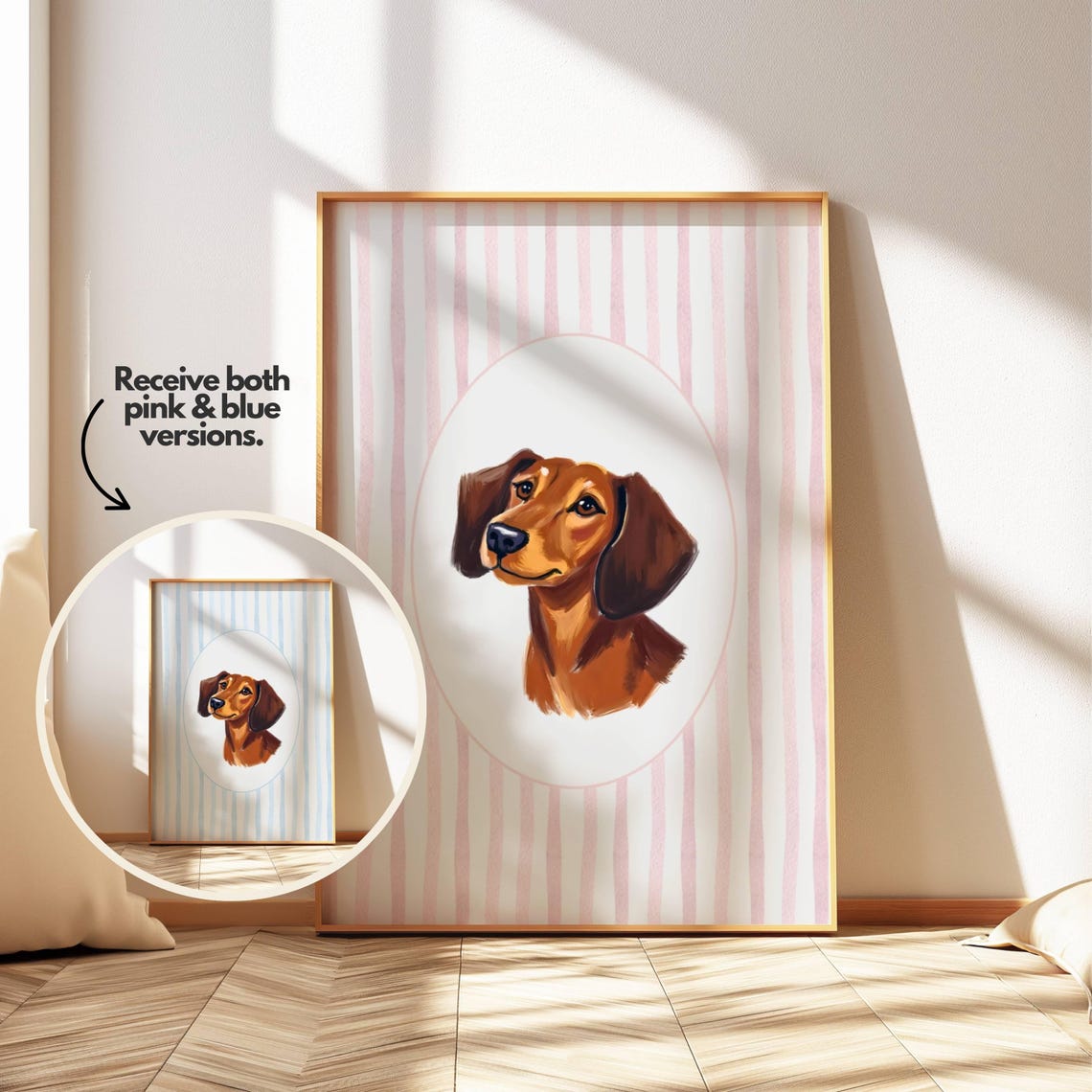 Dachshund Puppy Portrait Oval Pink Striped Nursery Dog Art Poster Gift