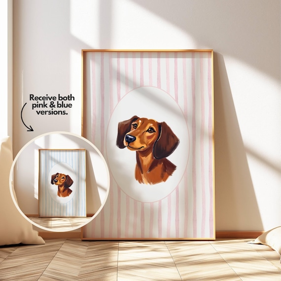 Dachshund Puppy Portrait Oval Pink Striped Nursery Dog Art Poster Gift