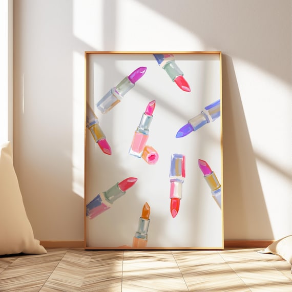 Colorful Lipstick Watercolor Art Print Girly Makeup Room Wall Decor