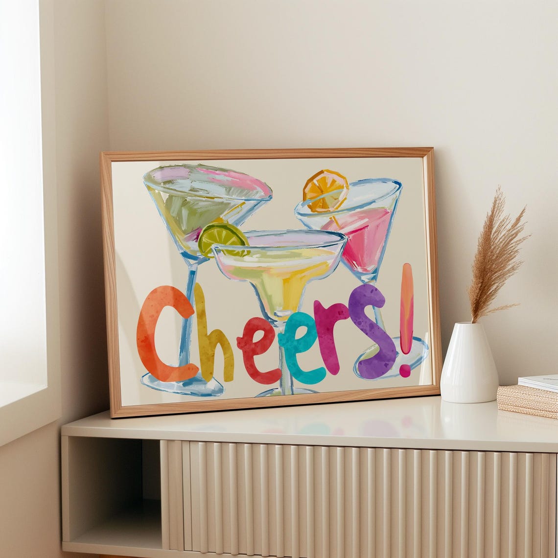 Cheers Watercolor Cocktail Poster With Three Colorful Martini Glasses Art
