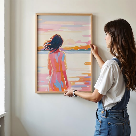 Pastel Sunset Beach Woman Seen from Behind in Abstract Ocean Art Poster