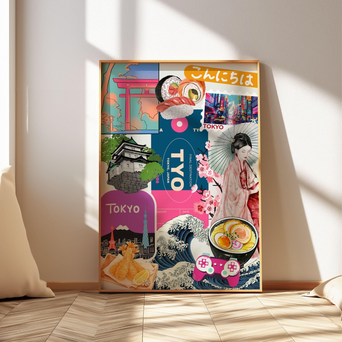 Tokyo Maximalist Collage with Sushi Torii and Geisha Icons Pop Art Poster