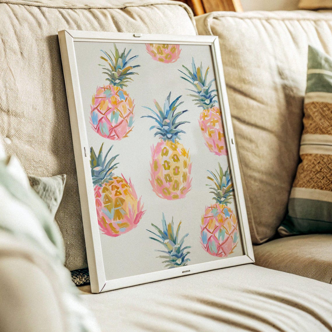 Pink Pastel Pineapples Watercolor Tropical Fruit Modern Wall Art