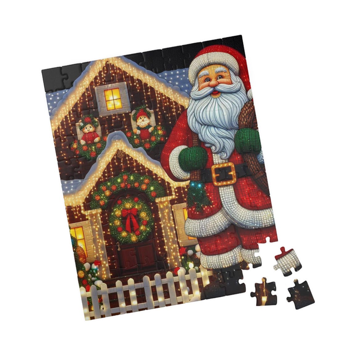 Santa Claus Lighted Christmas Cabin Jigsaw Puzzle Holiday Poster
