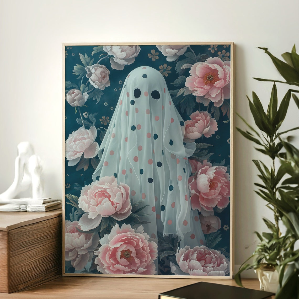 Polka Dot Ghost Among Pink Peonies Cute Floral Halloween Art Print - Image 4
