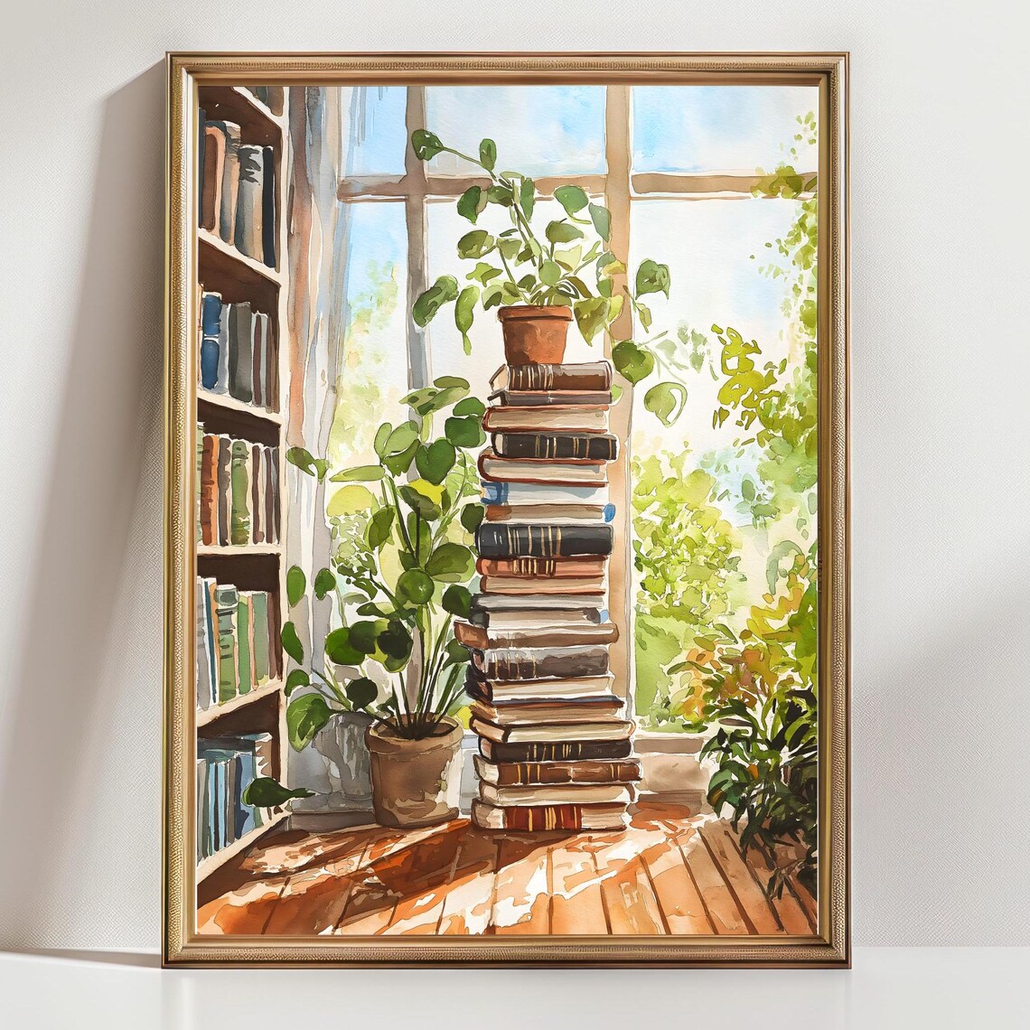 Sunny Reading Corner Book Stack Plants Watercolor Library Wall Art Print - Image 3