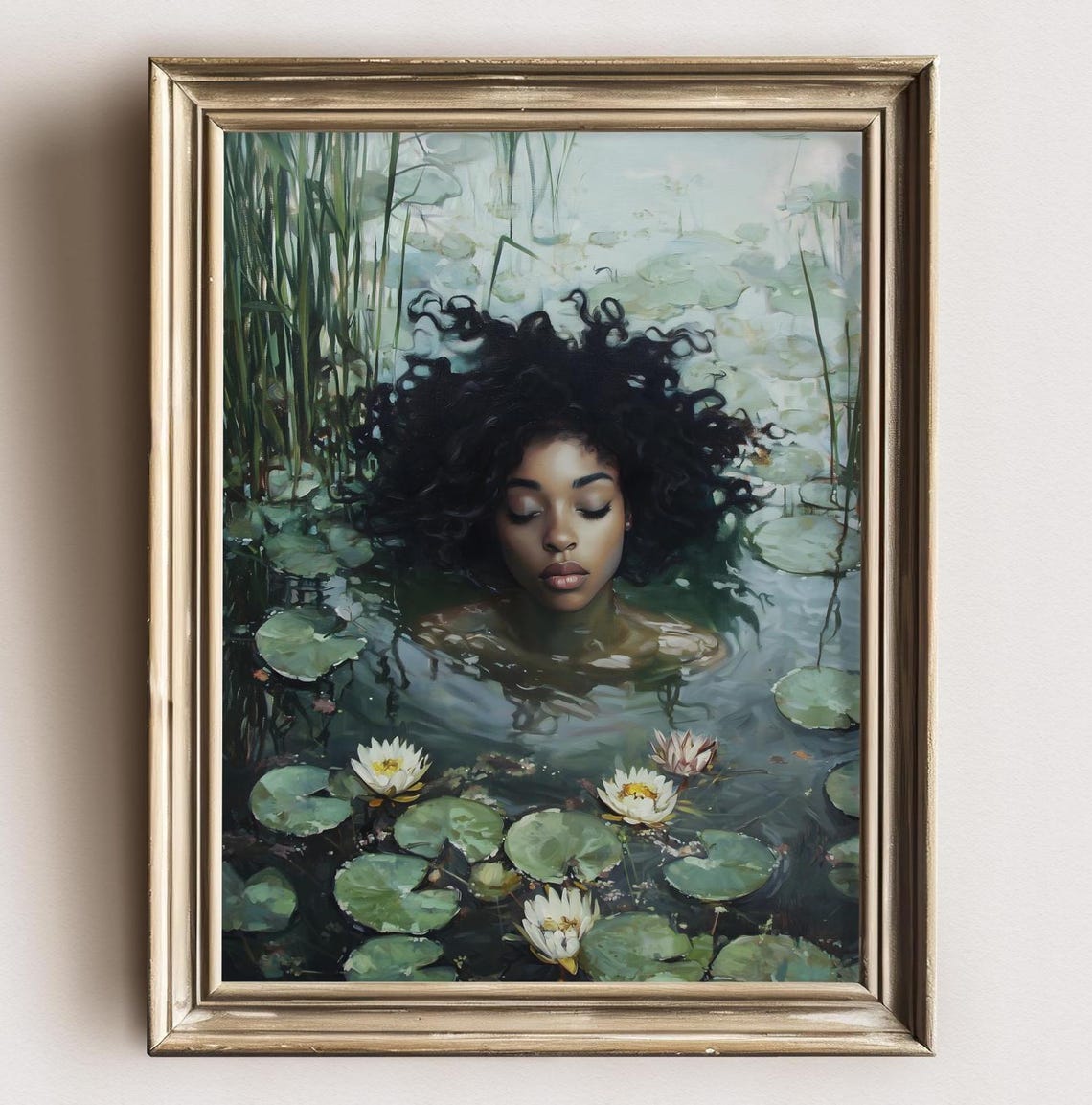Black Woman With Afro Floating Among Green Lily Pads Golden Print - Image 2