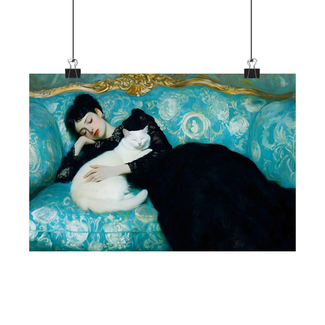 Woman In Black Lace Dress With White Cat On Teal Sofa Gothic Art Print - Image 2