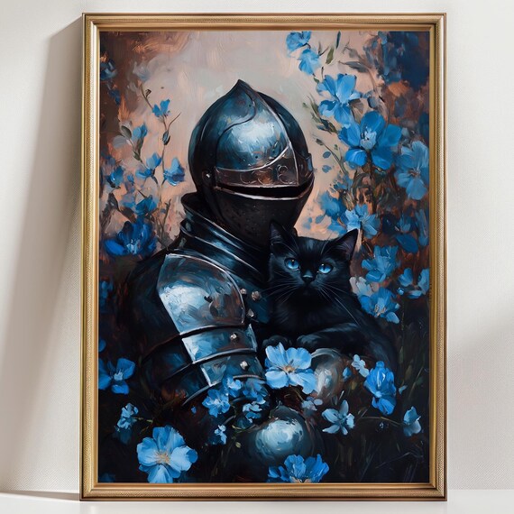 Guardian Knight Black Cat Art Fantasy Art Home Decor Cat Lover Gift Wall Art Floral Knight Artwork Dark Academia Goth Moody Victorian