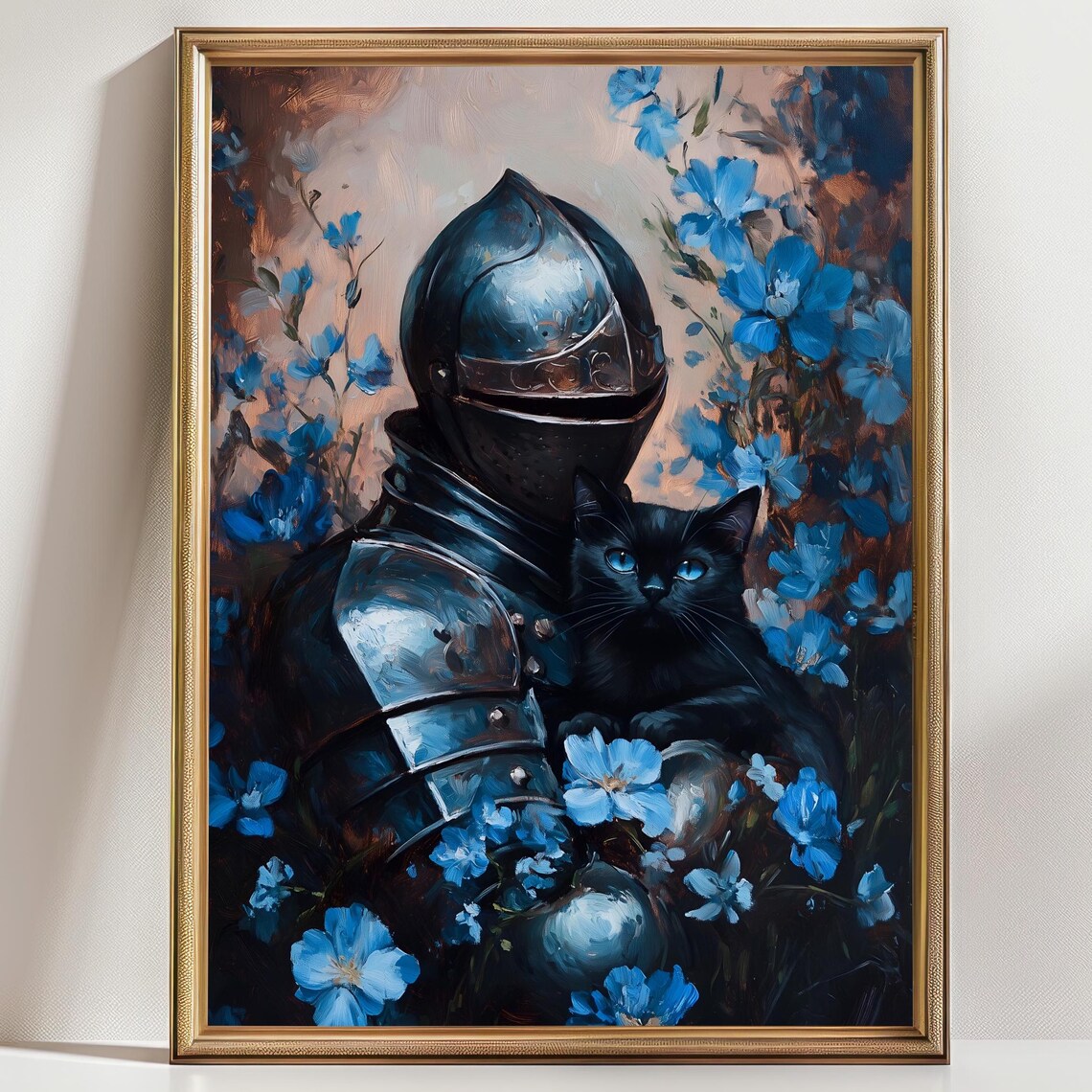 Knight In Armor Cradling Black Cat Blue Flowers Sunset Fantasy Pet Portrait Print