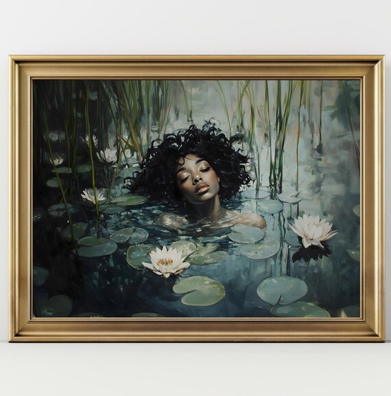 Black Ophelia Curly Hair Woman Water Lily Pond White Flowers Dark Poster