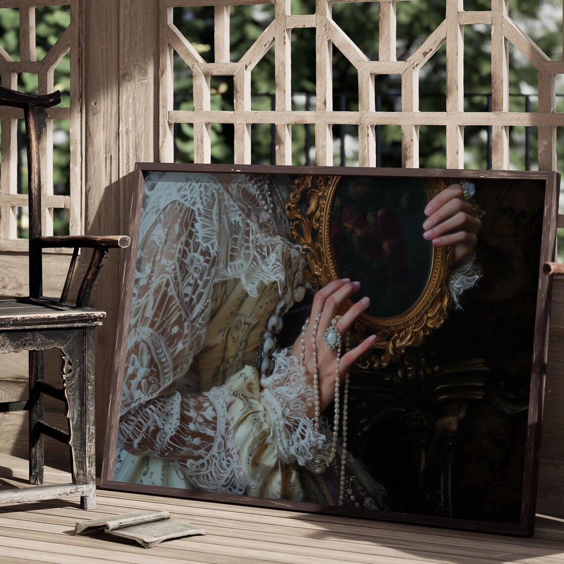 Woman In White Lace Holding Dark Oval Mirror Pearls And Jewels Victorian Art Poster - Image 2