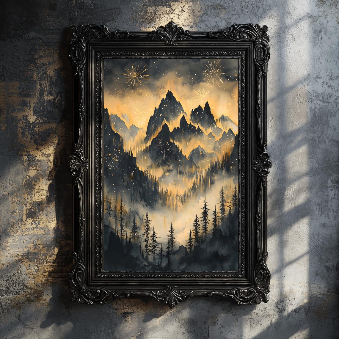 Celestial Gold Mountain Peaks Under Starry Night Moody Sky Wall Art - Image 2