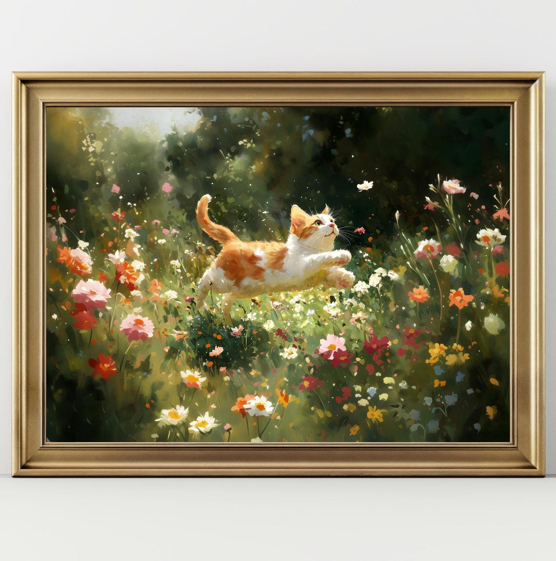 Cat Floral Painting Vintage Cottagecore Art Flowers Landscape Painting Animal Art Print Vintage Print Cat Wall Art Cat Lover Gift