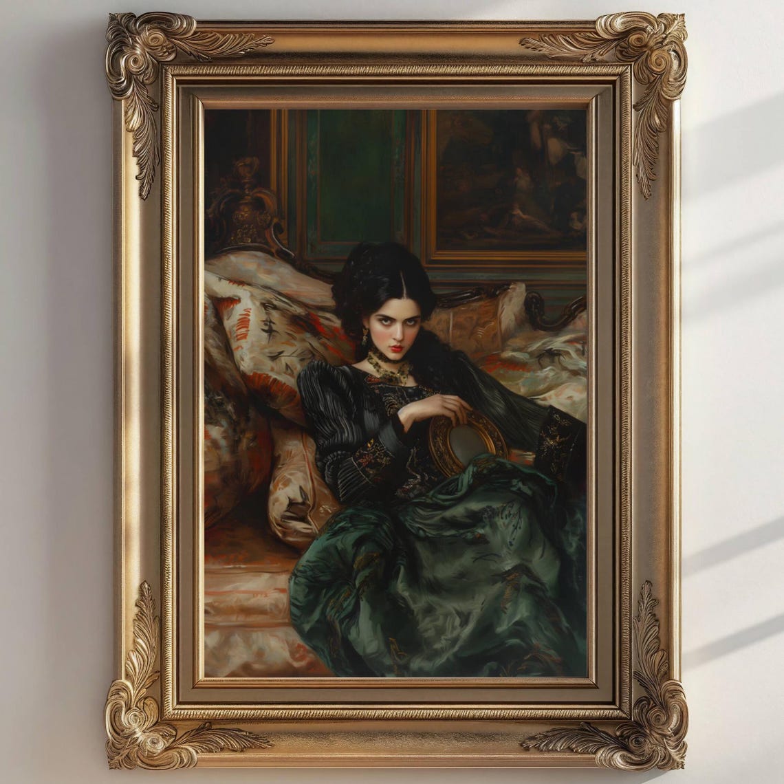 Victorian Woman Green Gown Hand Mirror Dark Romance Portrait Poster