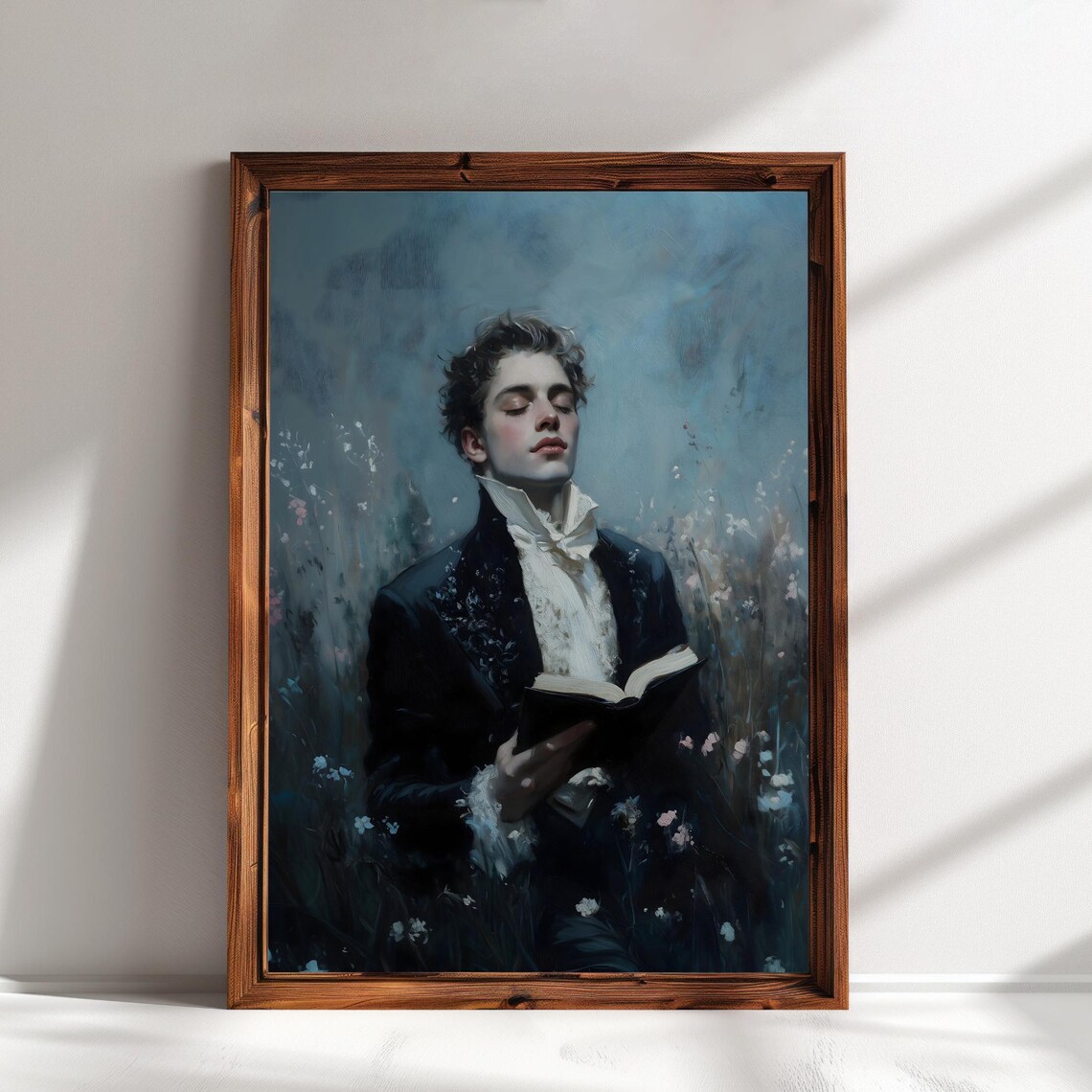 Young Victorian Gentleman Reading Book Moody Blue Floral Portrait Art Poster - Image 3