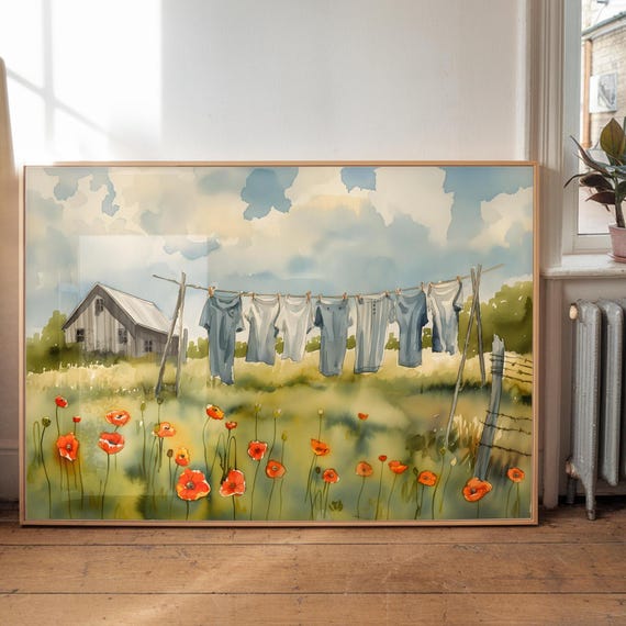 Laundry On A Line Matte Horizontal Posters Laundry Room Art Vintage Cottagecore Garden Painting Print Farmhouse Wall Decor Country Art Print