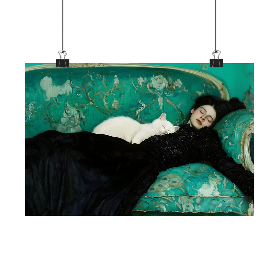 Woman Sleeping On Green Sofa With White Cat Dark Academia Art Print - Image 3