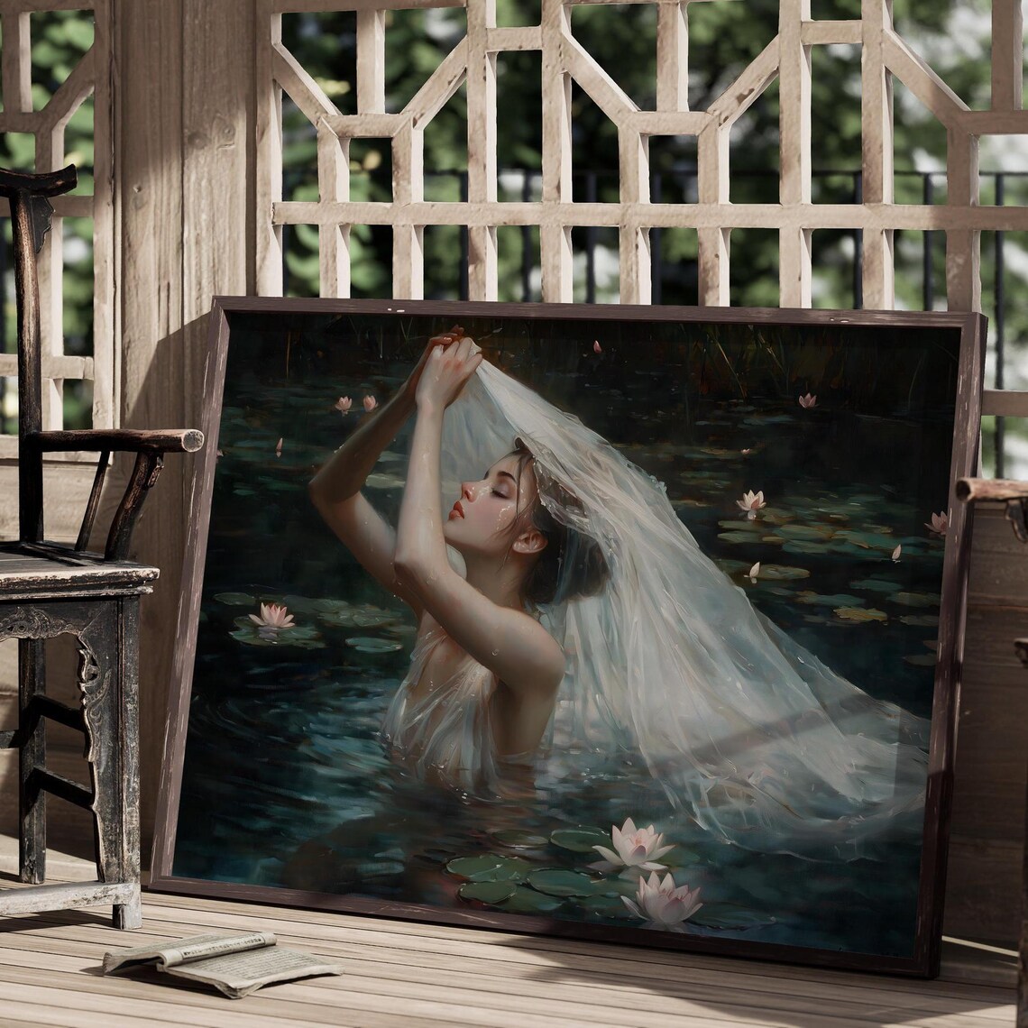 Veiled Woman Dark Pond Water Lilies Ophelia Gothic Art Print - Image 2