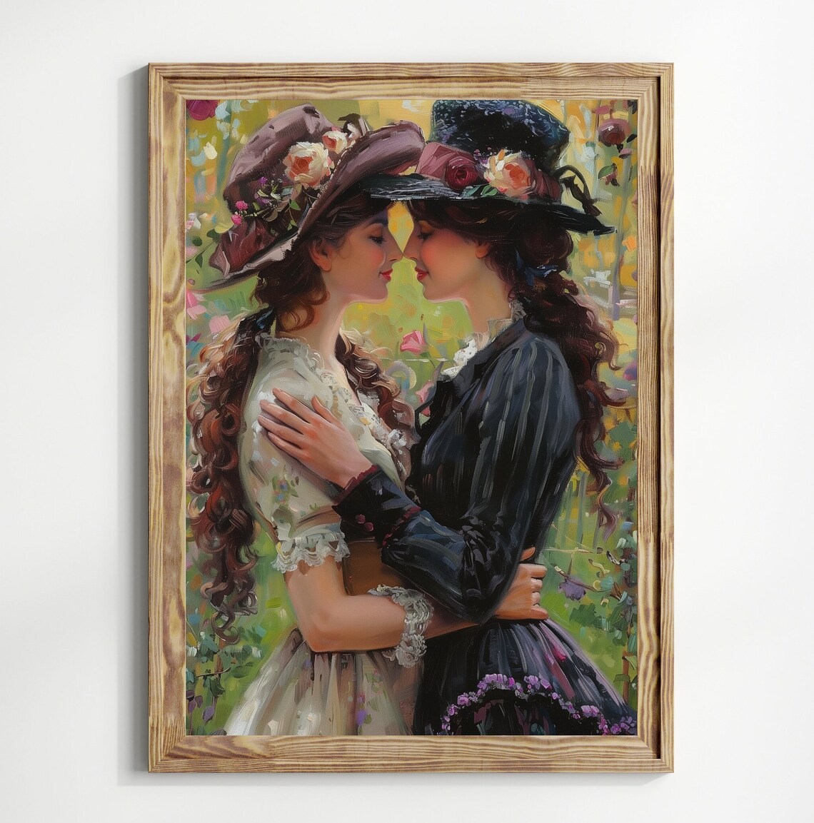 Victorian Lovers Garden Embrace Floral Hats Sapphic Oil Painting Print