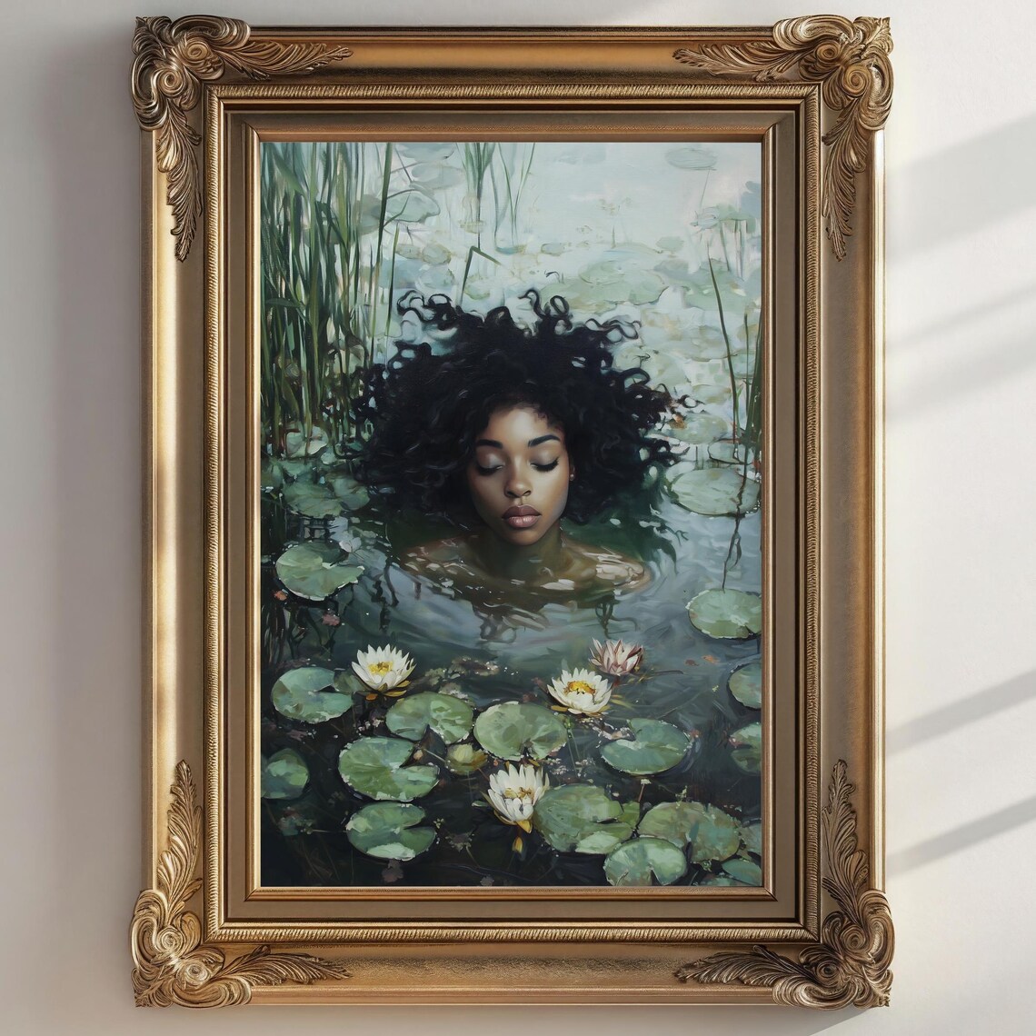 Black Woman With Afro Floating Among Green Lily Pads Golden Print