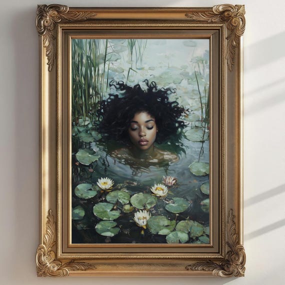 Black Ophelia Dark Academia Print The Lake Goth Moody Victorian Wall Art Dark Decor Aesthetic Black Girls Art Gothic Prints
