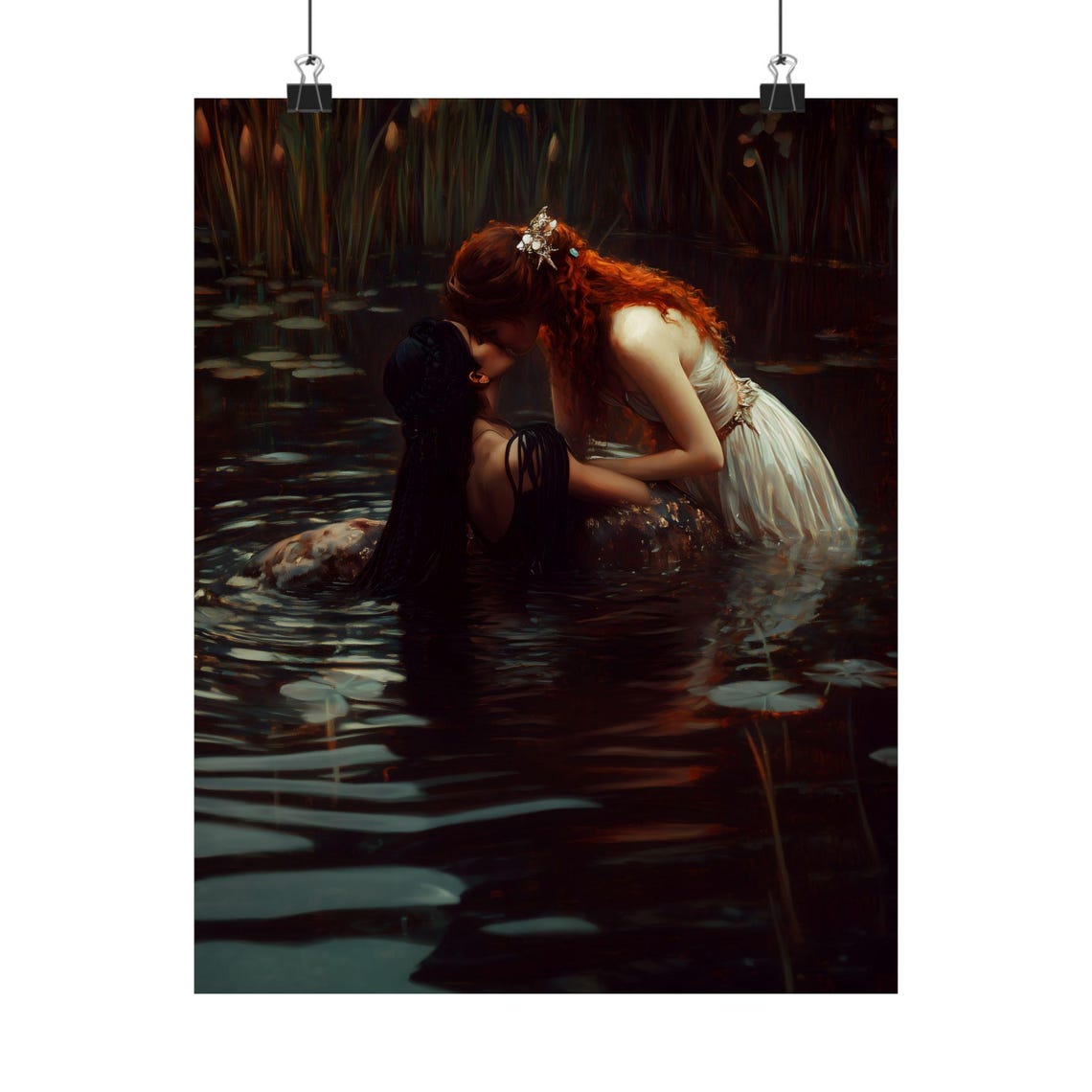 Girlfriends Dark Lake Embrace Dusk Reeds Romantic Oil Painting Print - Image 2