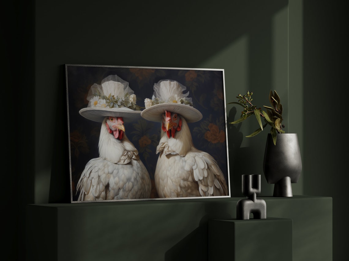 Victorian Chicken Couple Feathered Hats Humorous Animal Oil Art Print - Image 3