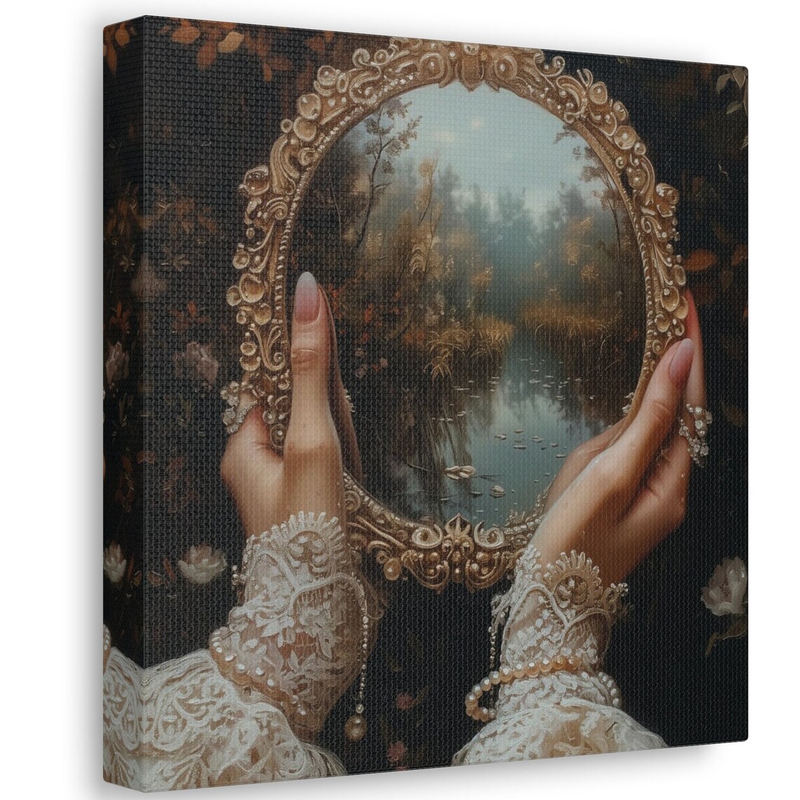Lace Hands Holding Vintage Mirror With Misty Forest Pond Reflection Poster - Image 2
