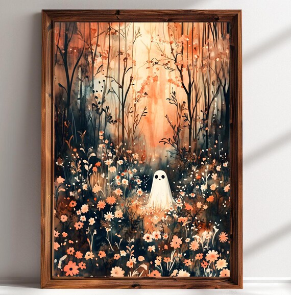 Cute White Ghost in Autumn Wildflower Forest Halloween Art Poster