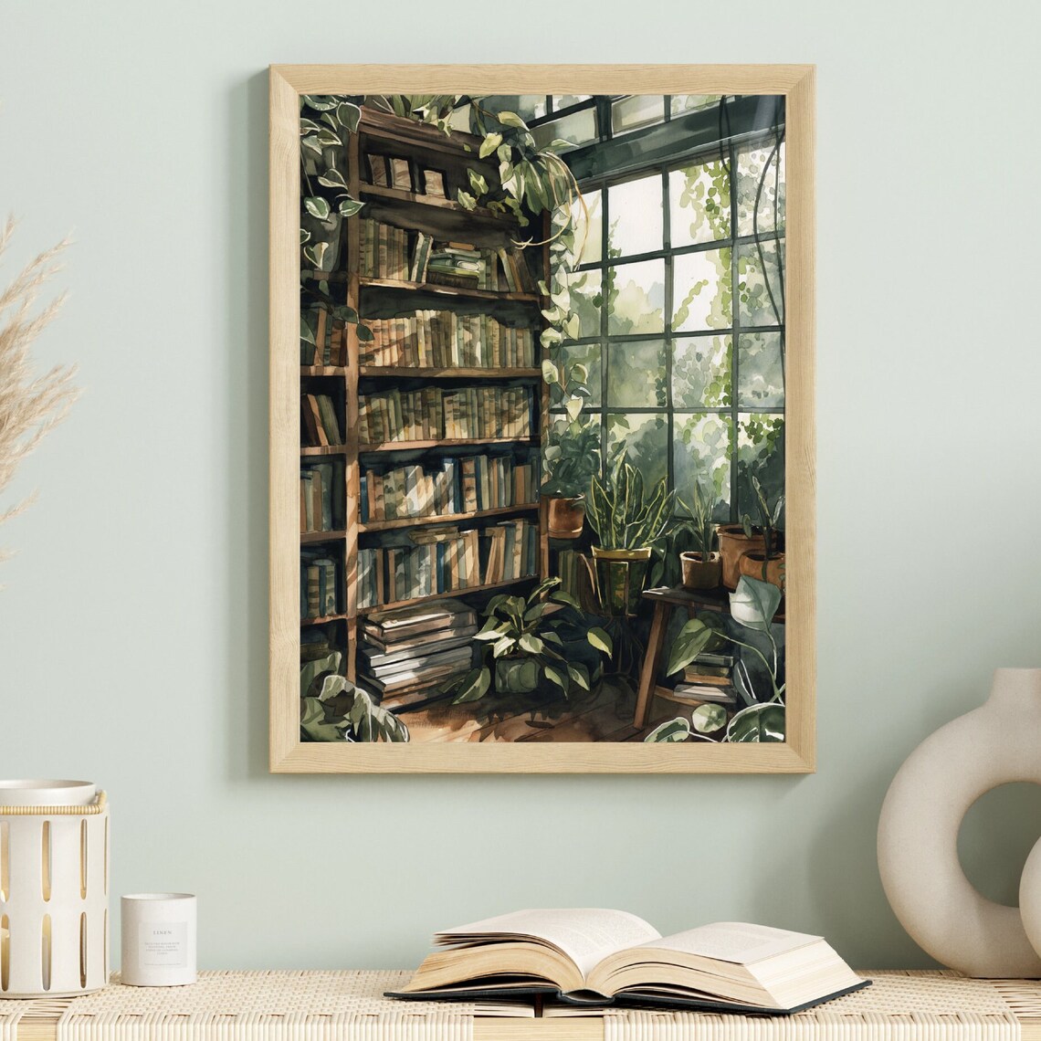Dark Academia Greenhouse Library Botanical Watercolor Art Poster - Image 2