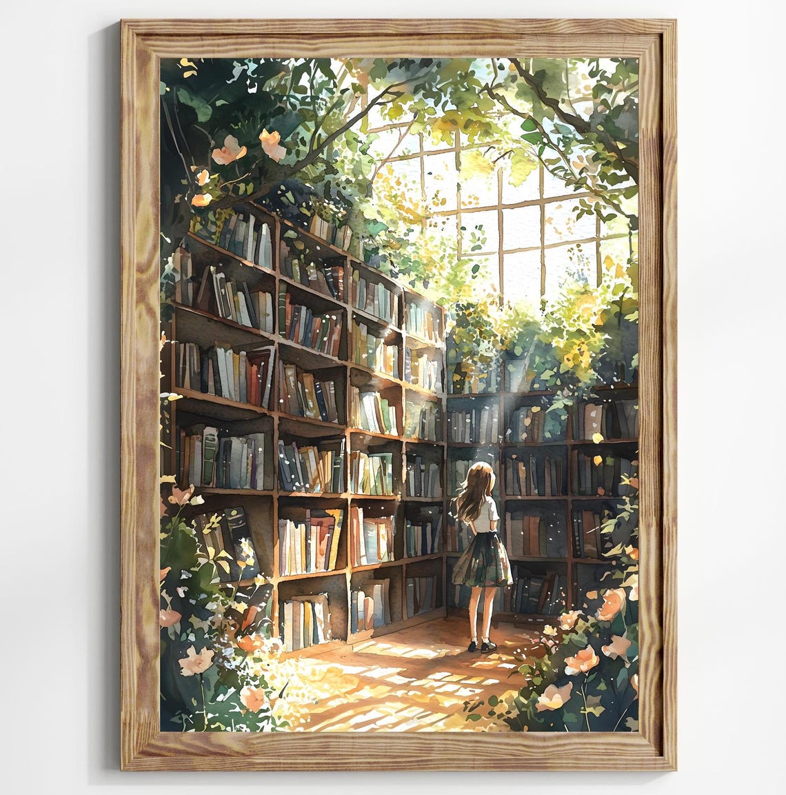 Anime Girl Reading Library Corner Sunlit Window Flowers Art Poster