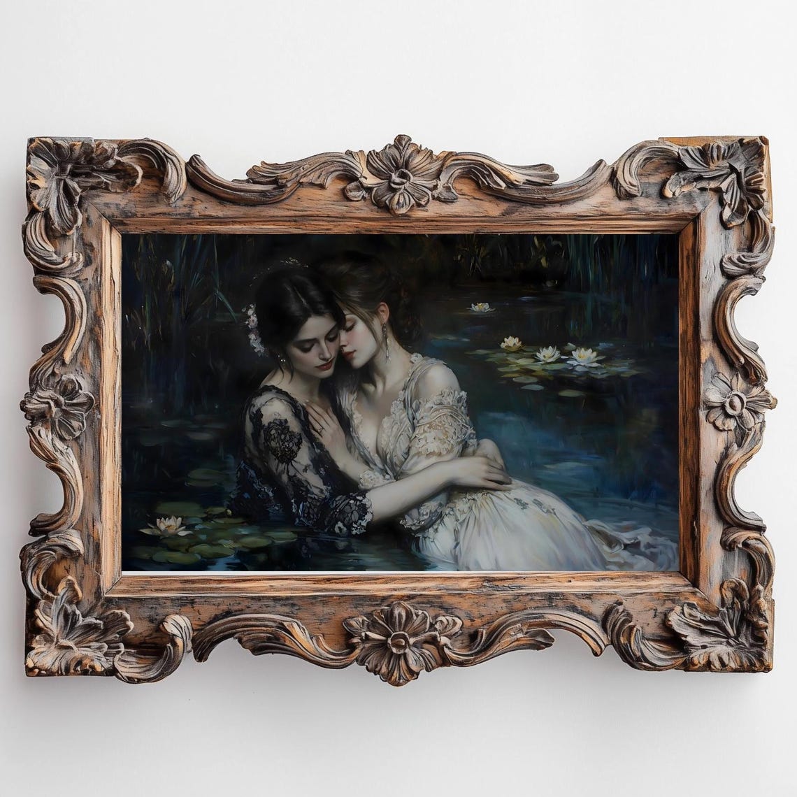 Moonlit Lovers Lily Pond Embrace Black White Gowns Oil Painting Print - Image 3
