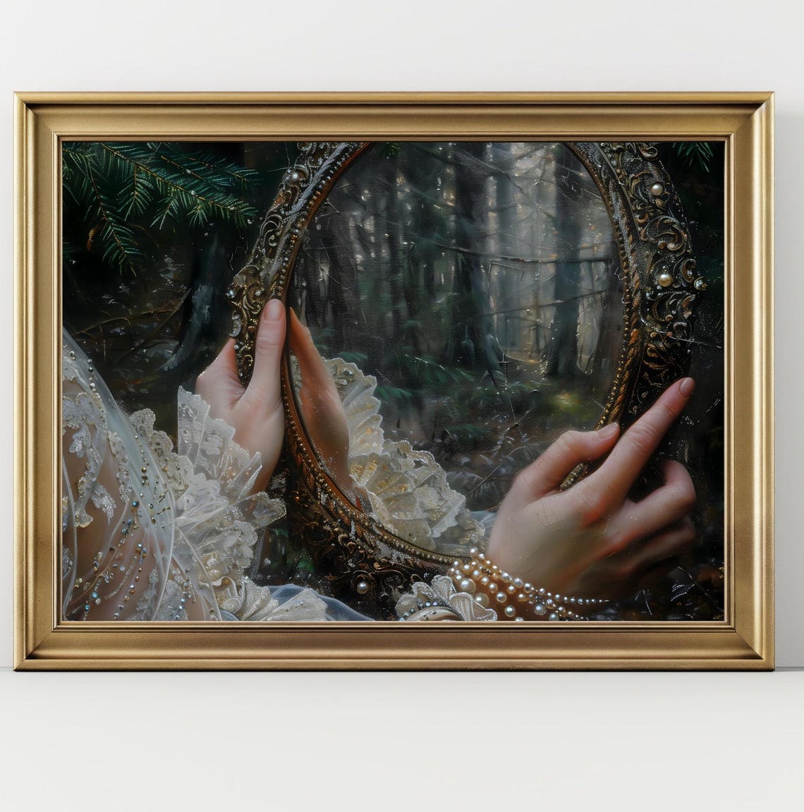 Hands Holding Ornate Mirror Reflecting Dark Forest Gothic Print - Image 2