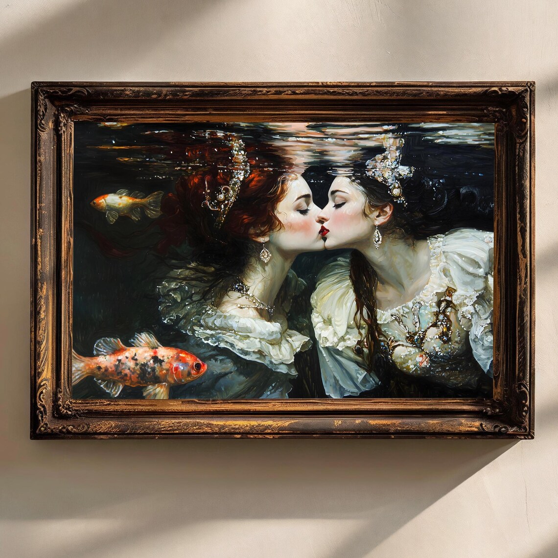 Underwater Sapphic Kiss Koi Fish Dark Moody Victorian Romantic Art Poster - Image 2
