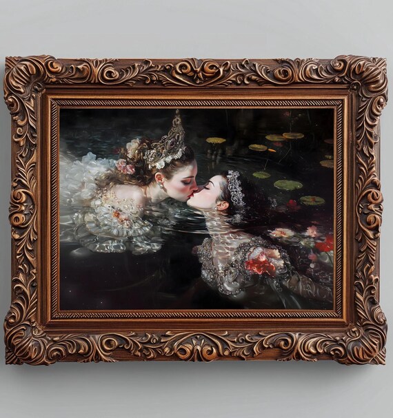 Crowned Lovers Kissing In Dark Lily Pond Ornate Gowns Romantic Sapphic Art Poster