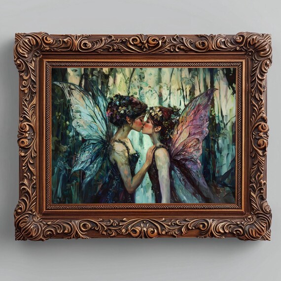 Two Fairies Kissing In Enchanted Forest Iridescent Wings Whimsical Fae Love Art Poster